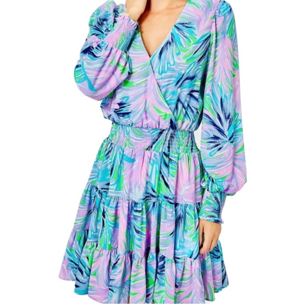 Lilly Pulitzer Pastel Palm Print Wrap Dress in Pink, Blue, Green